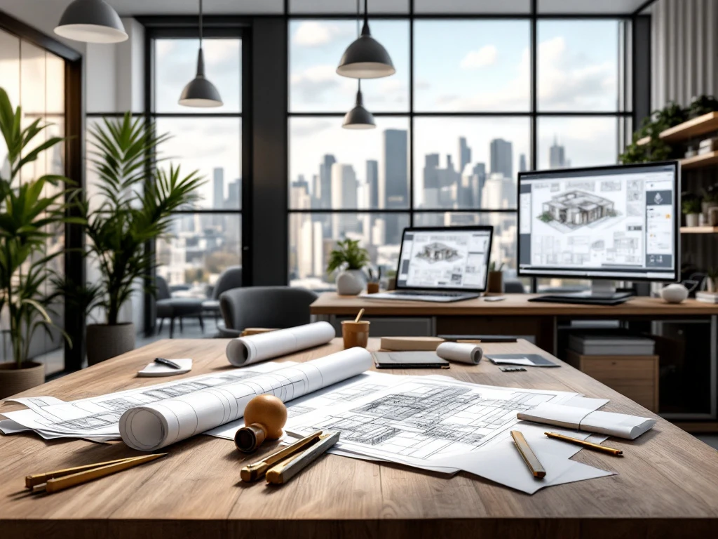 Een modern architectenbureau in Rotterdam met blauwdrukken, digitale schermen en gereedschappen, met uitzicht op de skyline.