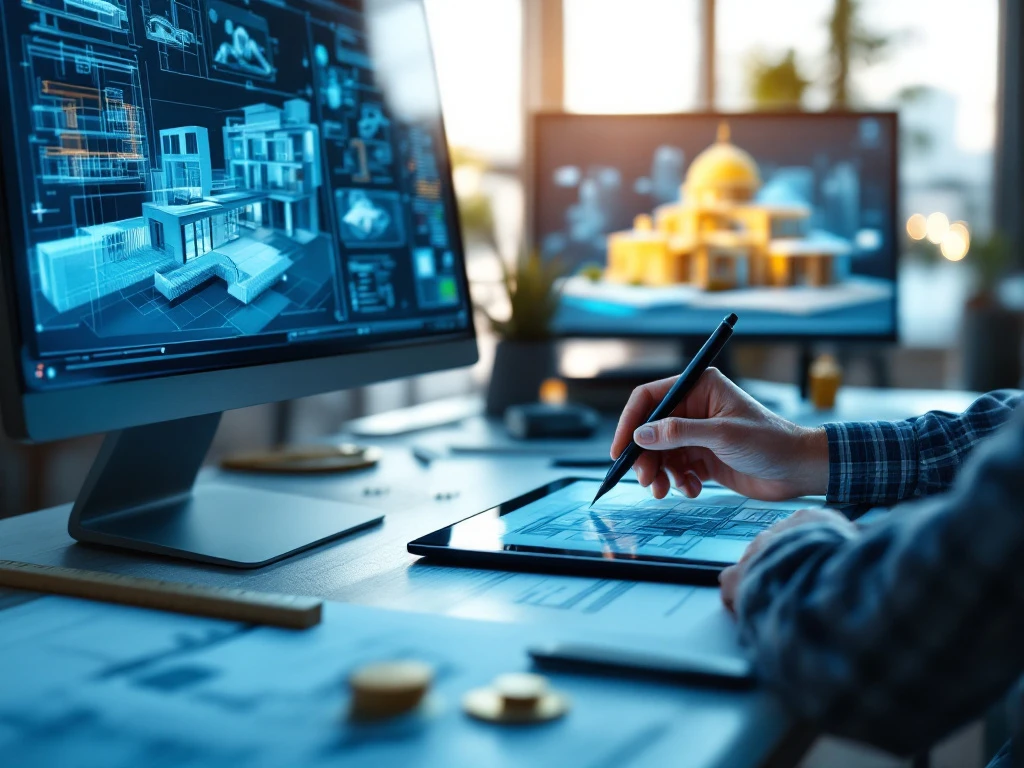 Een modern architecturaal kantoor met een computerscherm met digitale blauwdrukken en een stylus op tablet voor CAD en 3D-modellering.