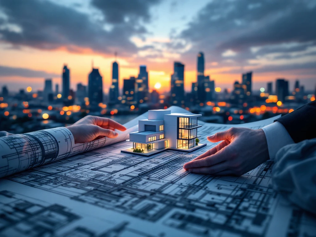 Fotorealistisch beeld van de skyline van Rotterdam bij zonsopgang met een bouwtekening en 3D-model, symboliserend innovatie en expertise.